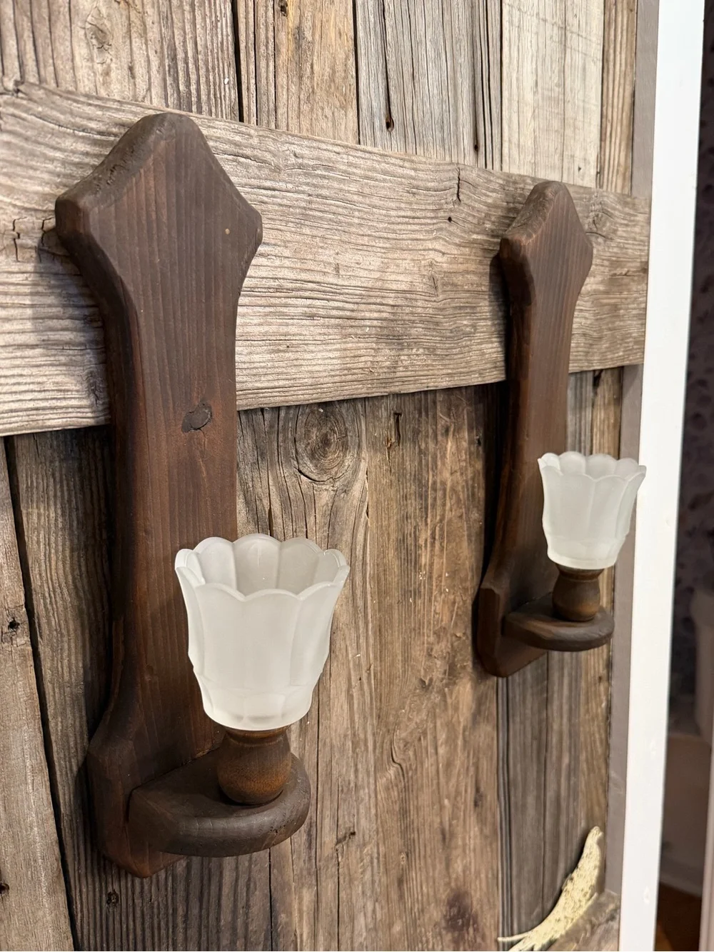 Vintage Farmhouse Wood and Frosted Glass Candle Wall Sconce Pair